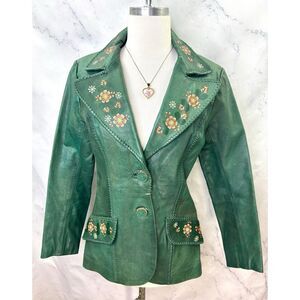 Vintage 70s 60s CHAR Leather Blazer Jacket Green Mexico M Hippy Hand Painted Art
